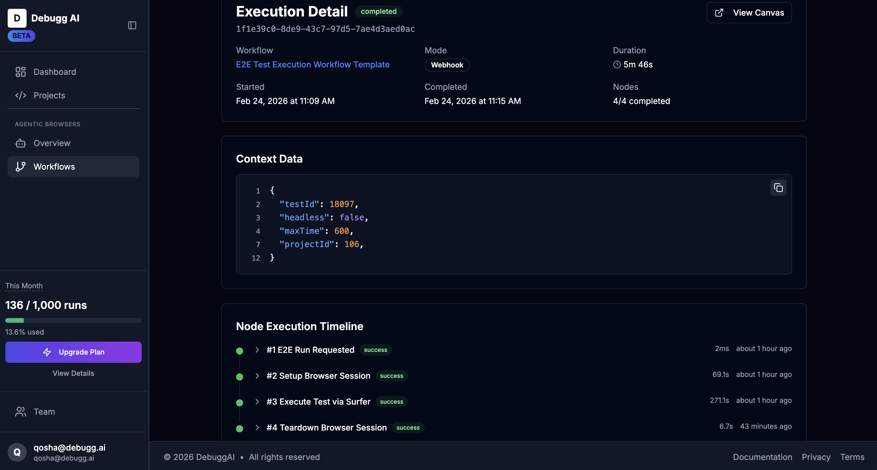 Execution detail showing 4-node pipeline: E2E Run Requested, Setup Browser Session, Execute Test via Surfer, Teardown — all completed