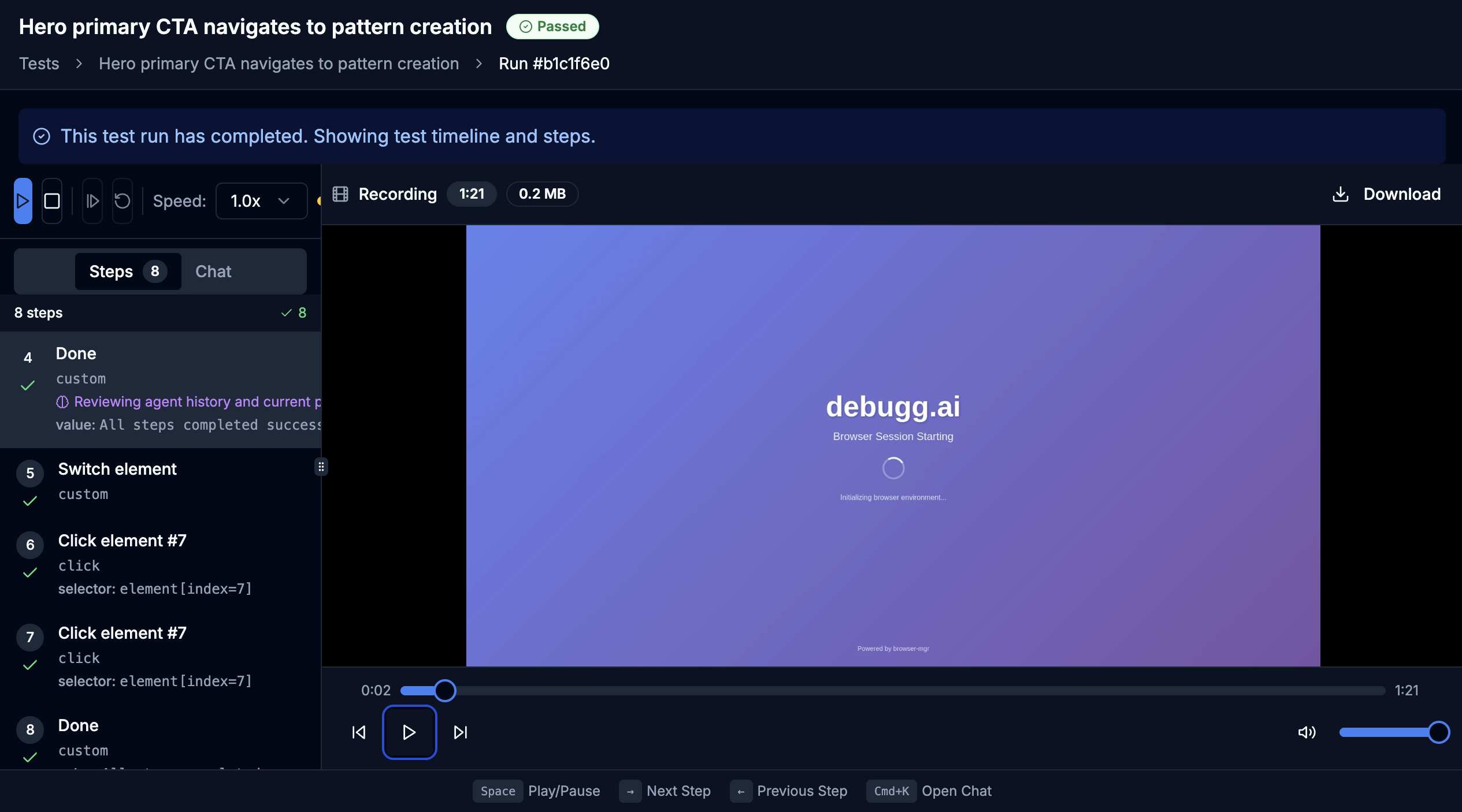 Session replay showing 8 action steps with pass/fail status per step and live browser recording